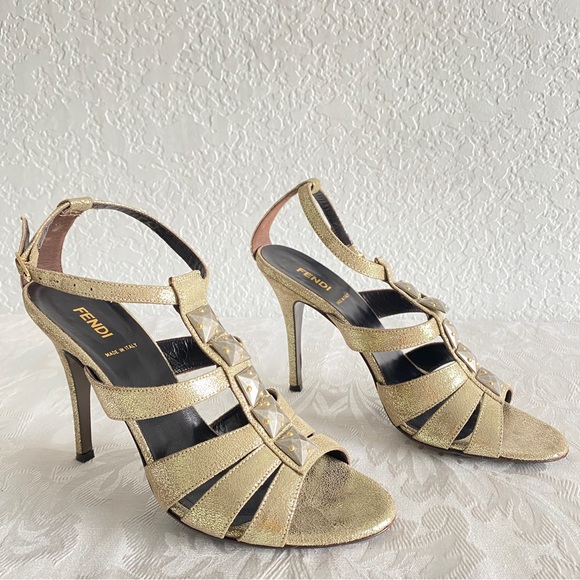 Fendi Gold Iridescent Leather Silver Studded Ankle Strap Sandals - Picture 2 of 9